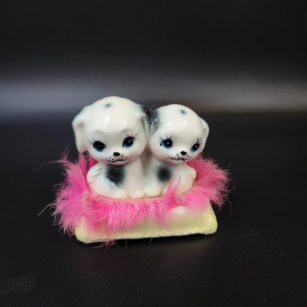 Vintage Kitsch Dalmatian Porcelain Figurines with Pink Faux fur